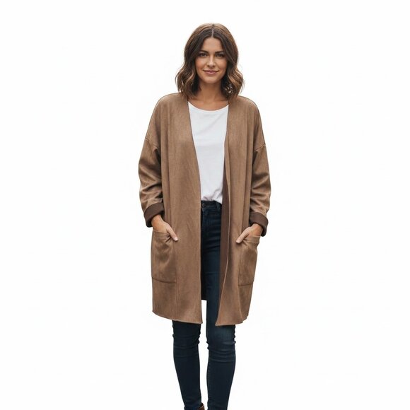 Zara Faux Suede Open Front Cardigan Jacket Oversized Tan Minimalist Medium - Picture 1 of 10